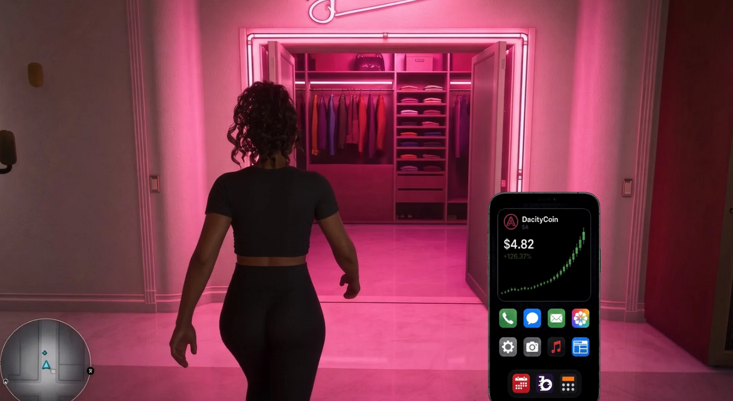 Lucia exploring a neon-lit wardrobe
